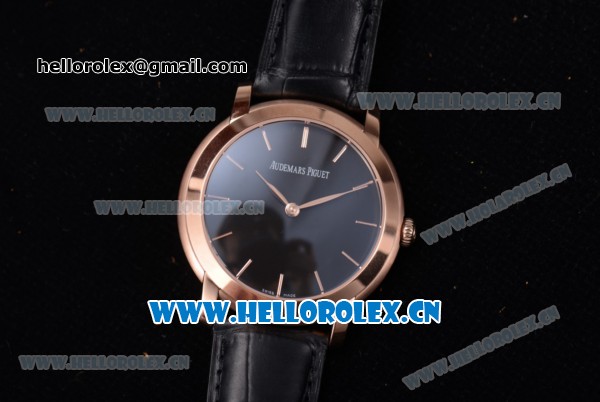 Audemars Piguet Jules Audemars Clone AP Calibre 3120 Automatic Rose Gold Case with Stick Markers Black Dial and Black Leather Strap - Click Image to Close